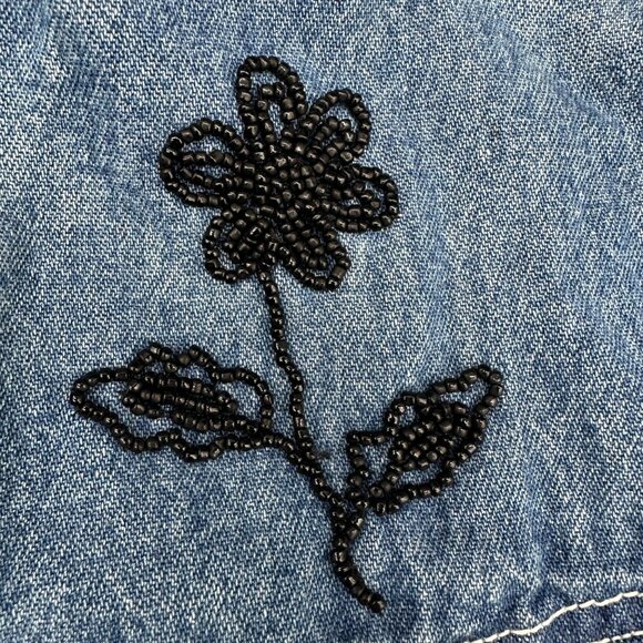 Vintage Blue Denim Vest Black Beaded Floral 90s Leena New York Small Mom Style - Picture 5 of 7